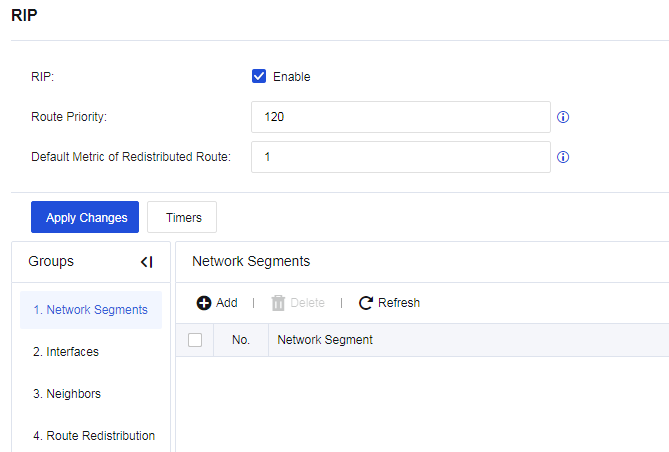 RIP configuration - Enable, Route Priority, Network Segments, Interfaces