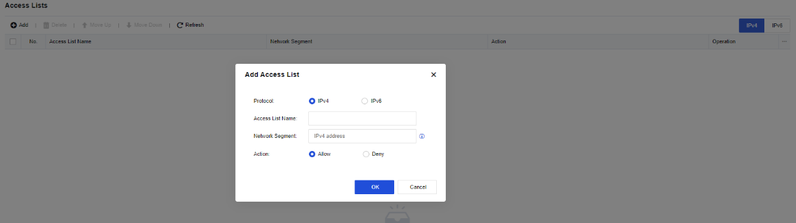 Access Lists - Add Access List with Network Segment and Action