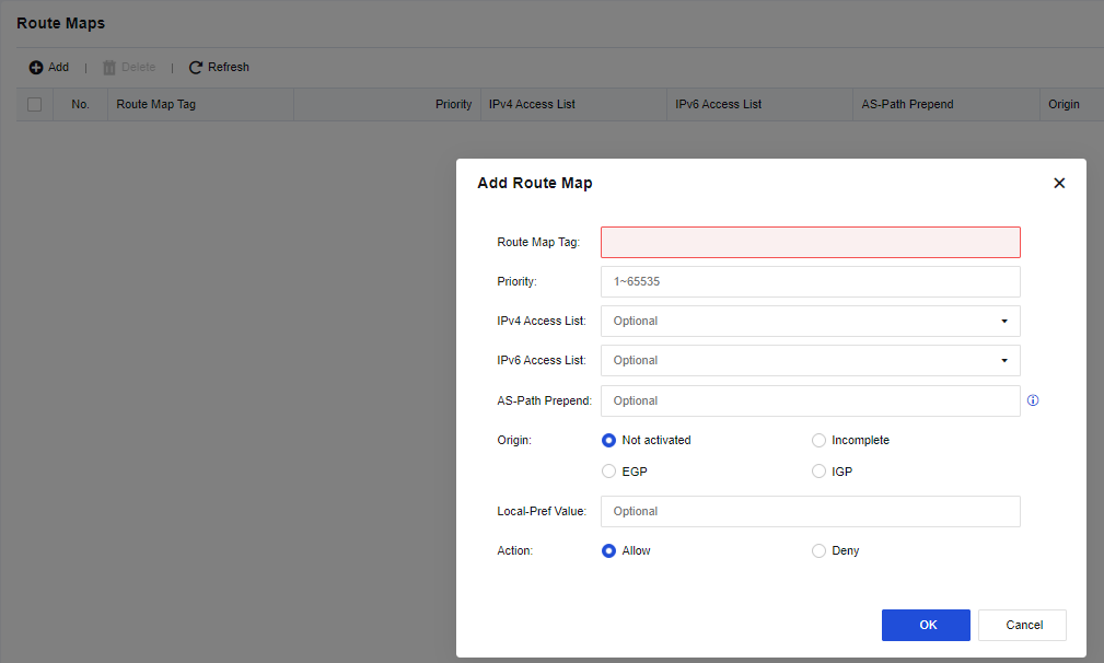 Route Maps - Add Route Map with Access List, AS-Path Prepend, Origin, Action