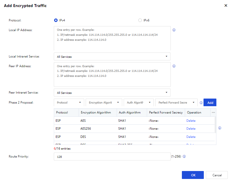 Add Encrypted Traffic - Local/Peer IP, Phase 2 Proposal, Route Priority