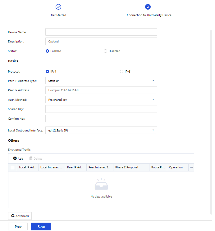 IPSec VPN - Third-Party Connection wizard with Peer IP, Pre-shared Key, Encrypted Traffic