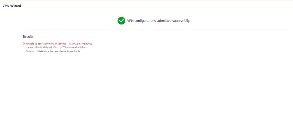 VPN configurations submitted successfully with connection test result