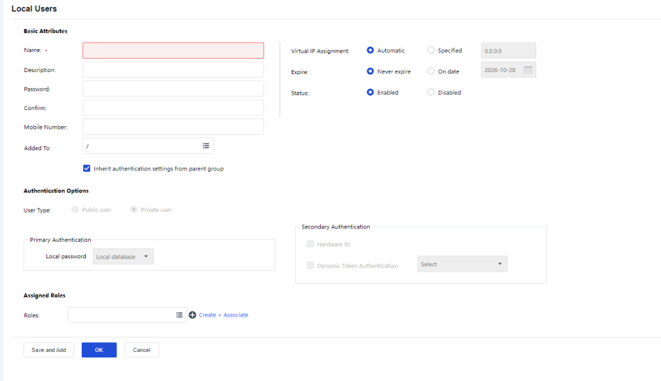 Add Local User - Virtual IP, Authentication, Roles