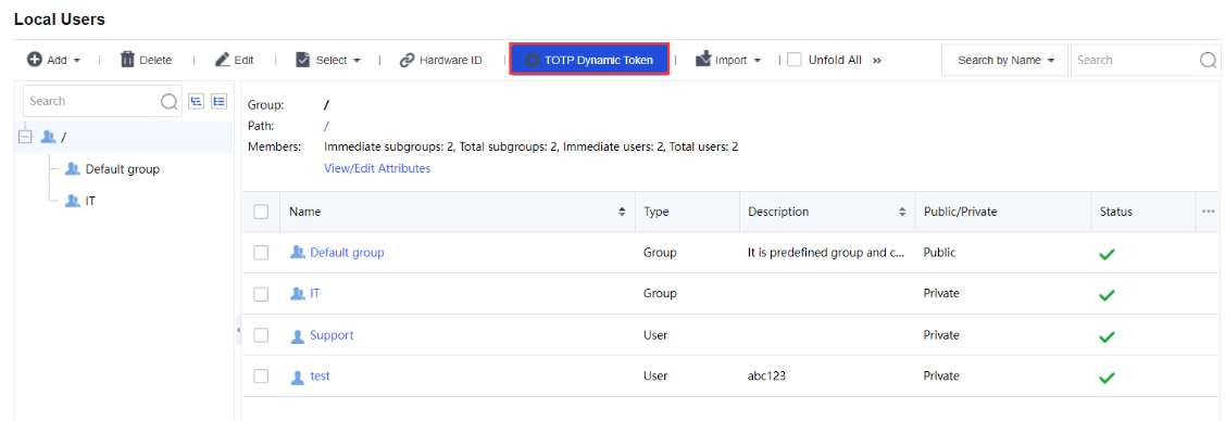 SSL VPN Local Users - Groups, Users, TOTP Dynamic Token
