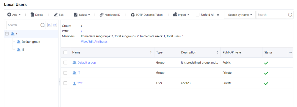 หน้า Local Users แสดง Group และ User ทั้งหมด