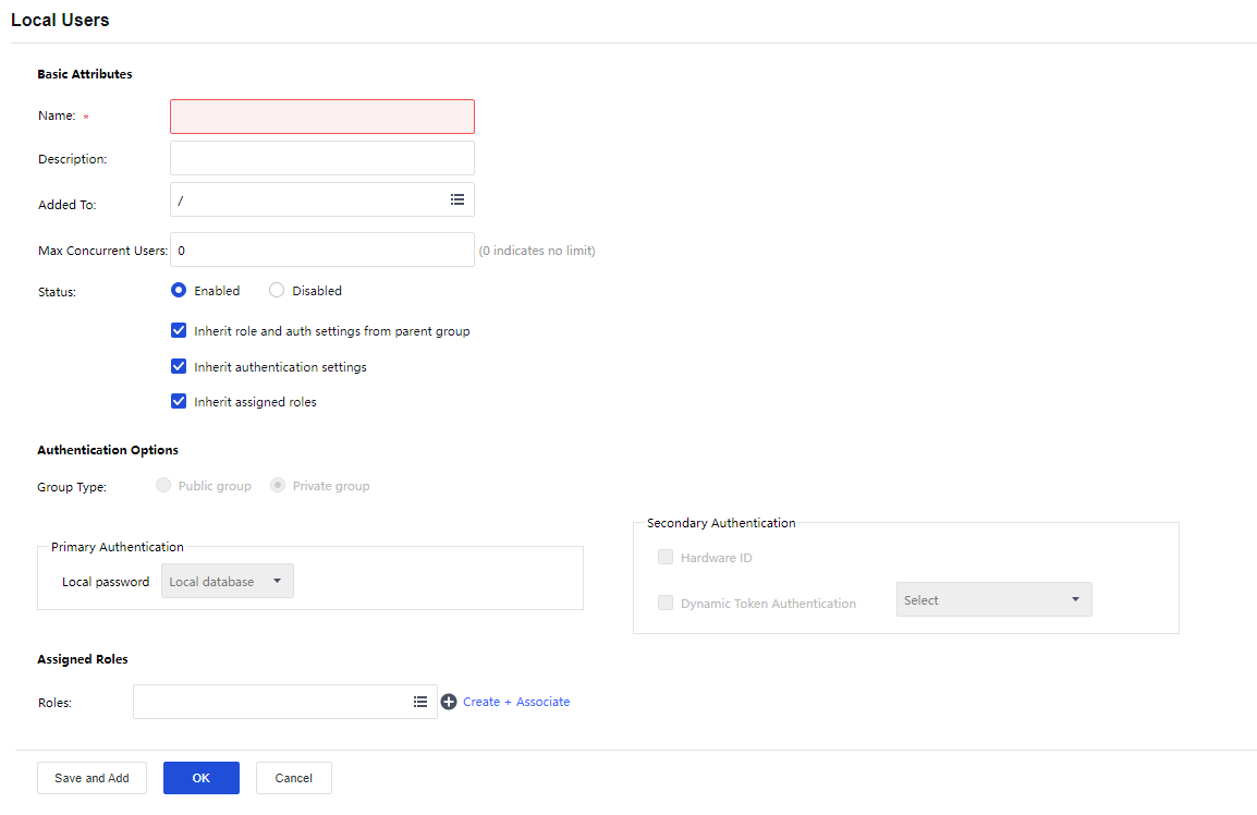 หน้าสร้าง Group ใหม่ กำหนด Authentication และ Roles
