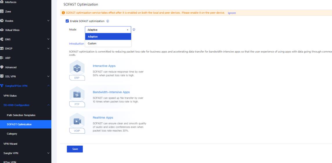 หน้า SOFAST Optimization แสดง Mode Adaptive พร้อม App Types