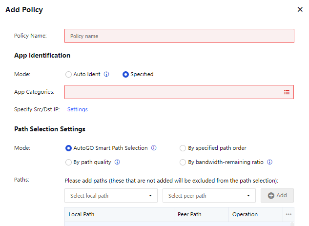 หน้า Add Policy สำหรับ SD-WAN Path Selection แสดง App Identification และ Path Settings