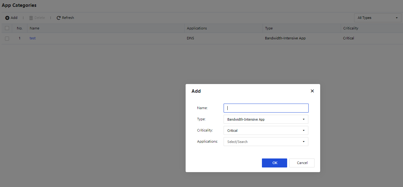 หน้า App Categories แสดงการเพิ่ม Category ใหม่สำหรับ SD-WAN