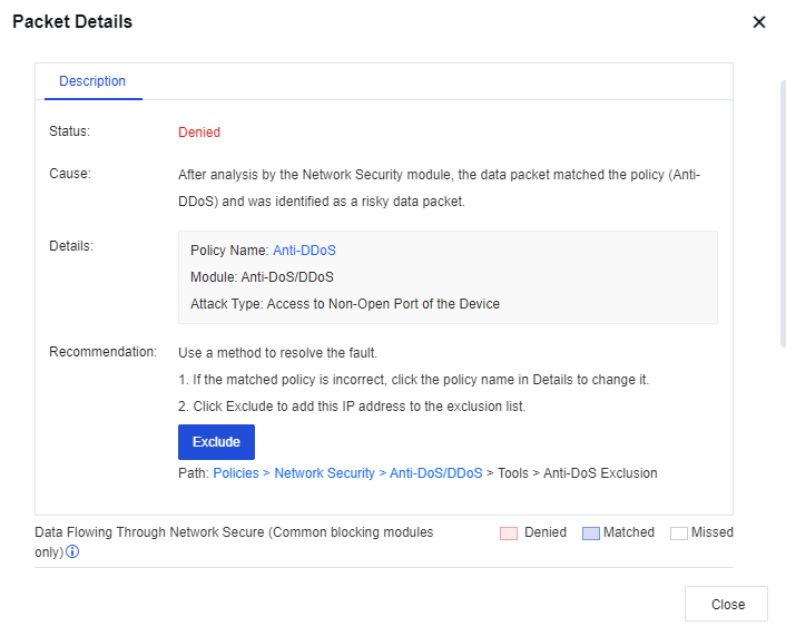 Packet Details แสดง Status Denied พร้อมสาเหตุ Anti-DDoS และตัวเลือก Exclude