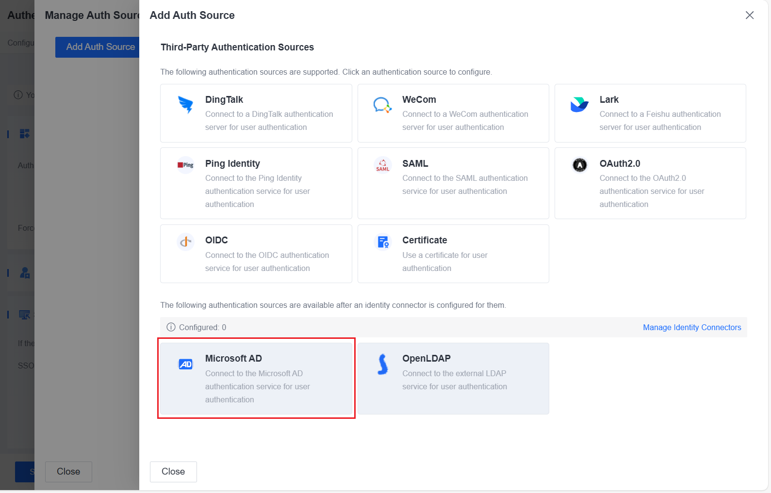 Add Microsoft AD authentication source