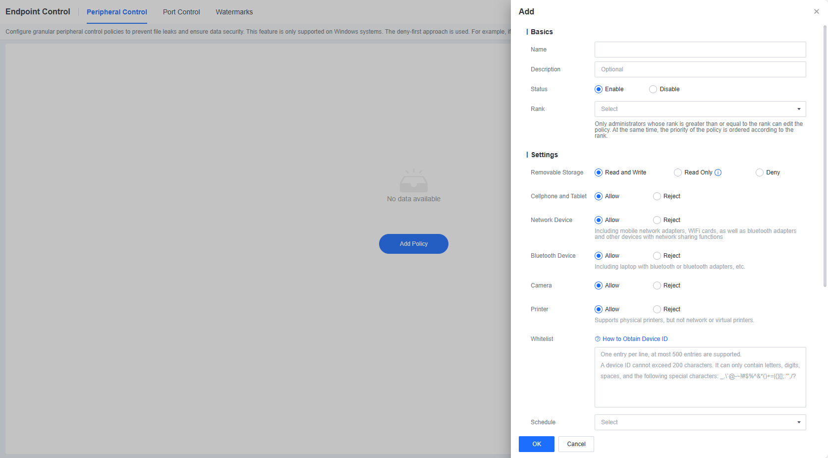 Add peripheral control policy dialog