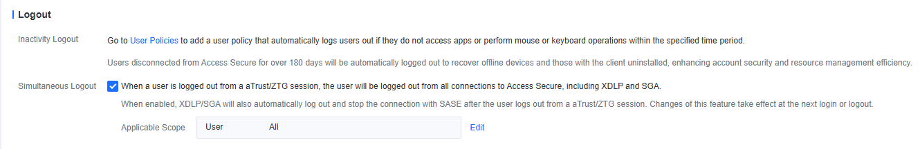 Logout settings inactivity simultaneous