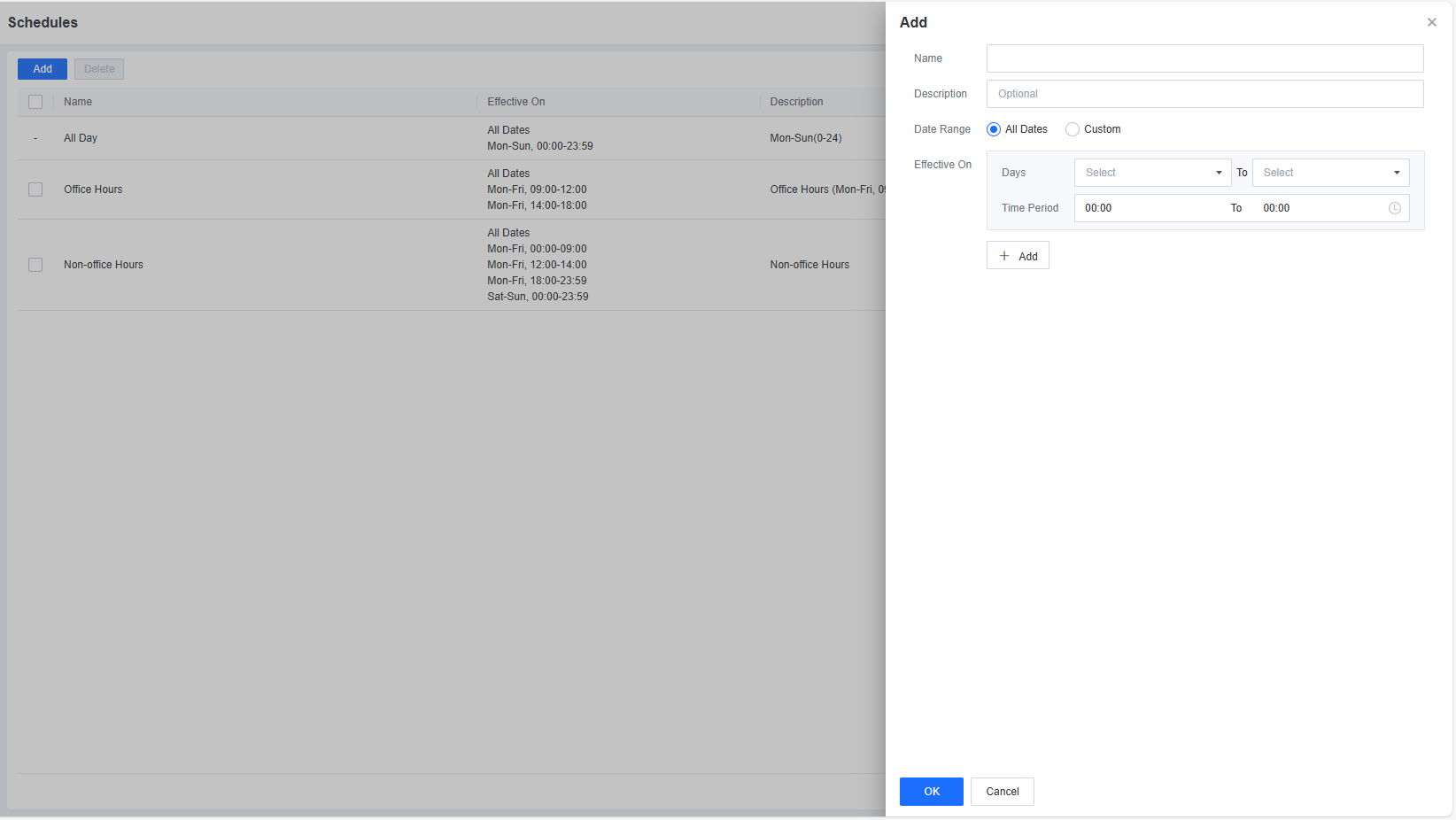 Schedules list with Add dialog