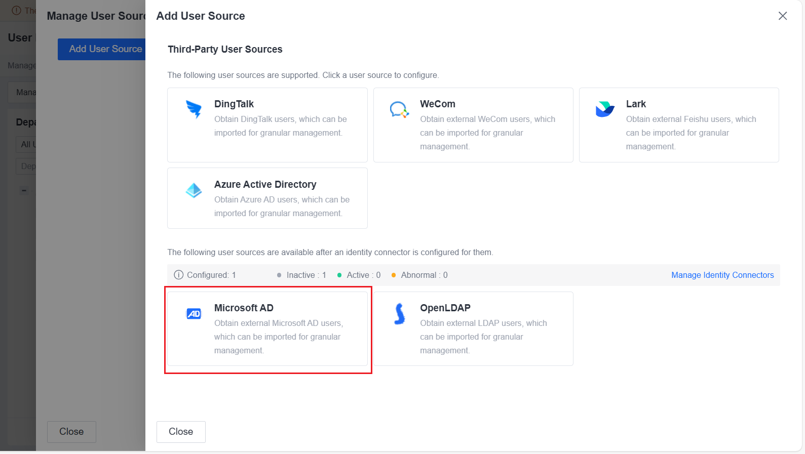Add Microsoft AD user source server settings