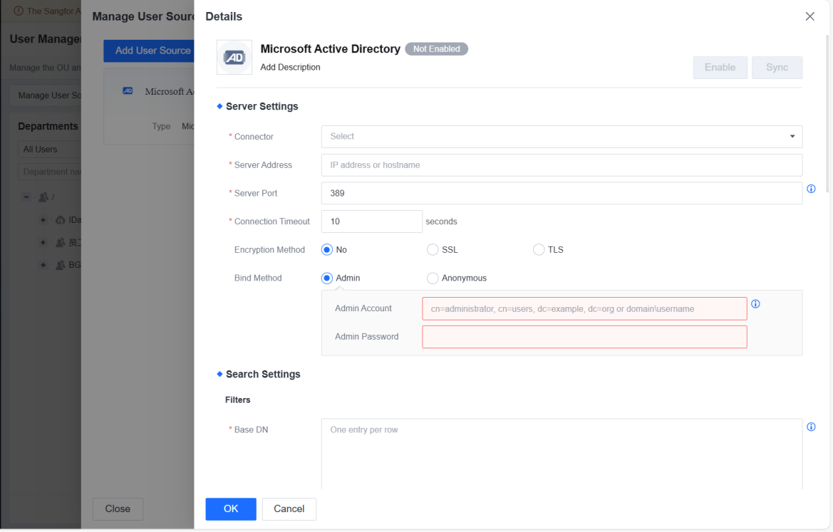 Microsoft AD server settings configuration
