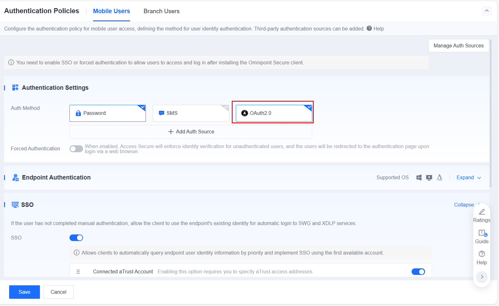 OAuth2.0 authentication policy settings