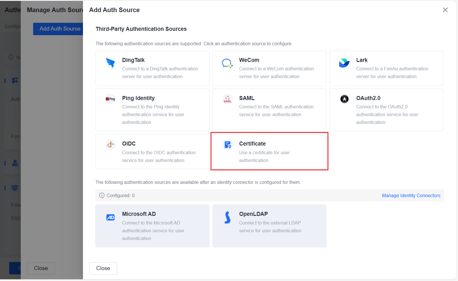 Add Certificate authentication source