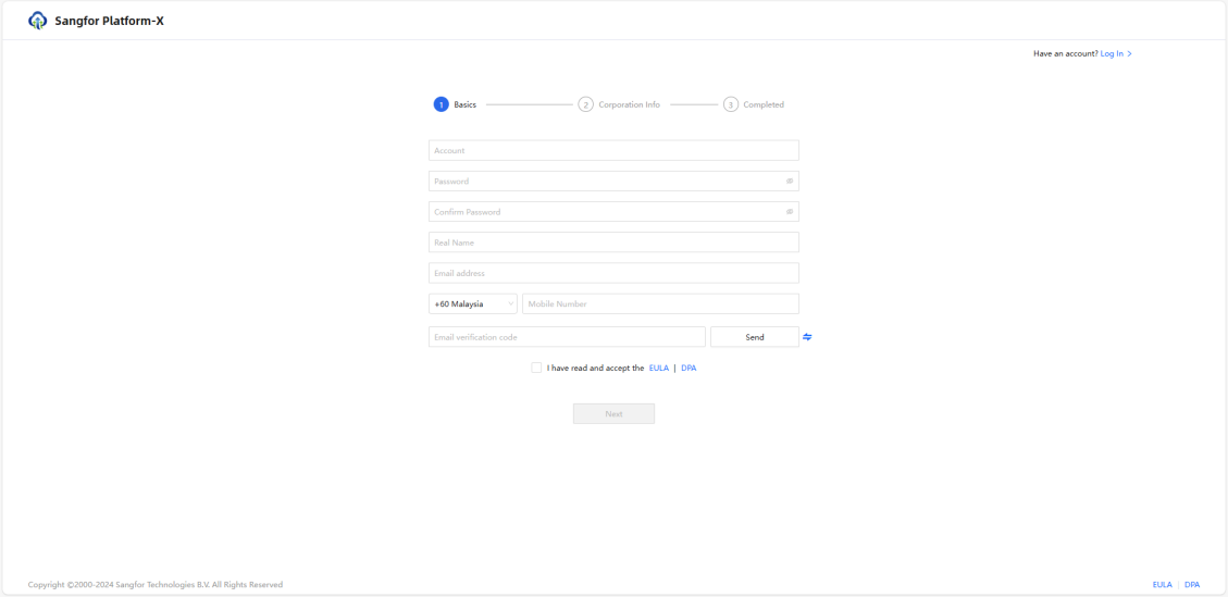 Platform-X signup Basics step form