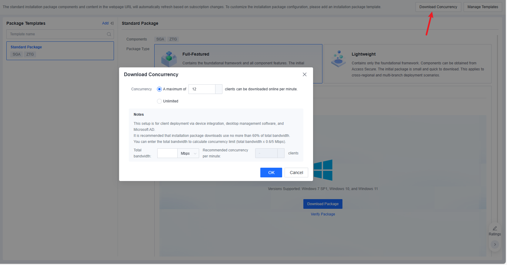 Download Concurrency configuration dialog