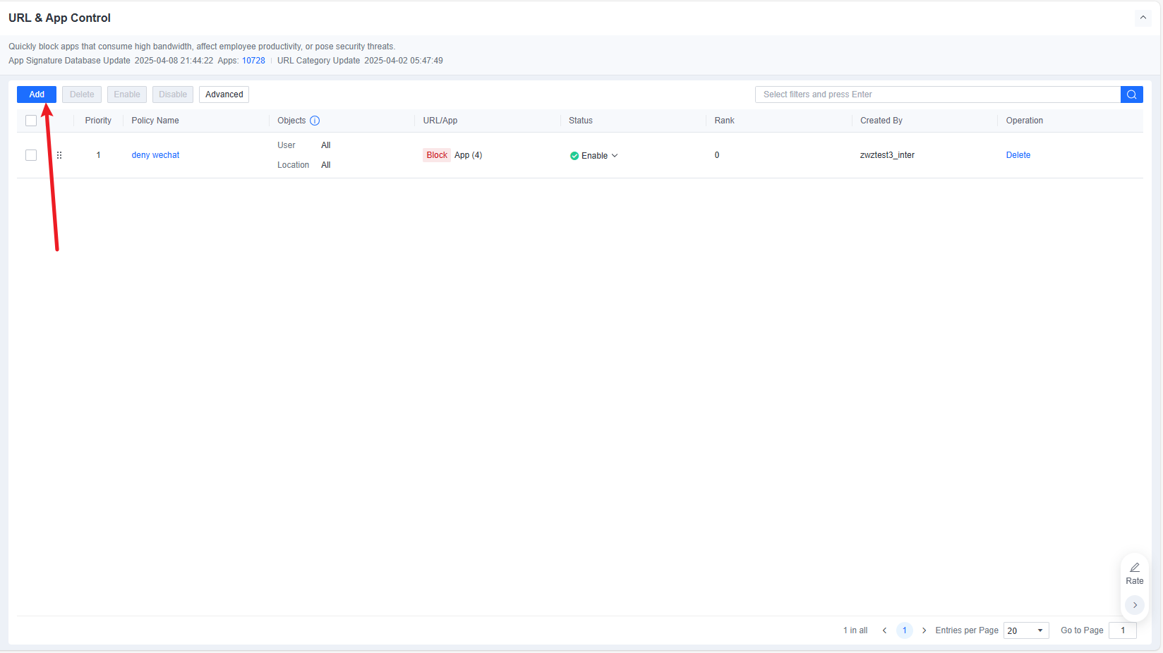 URL and App Control policy list