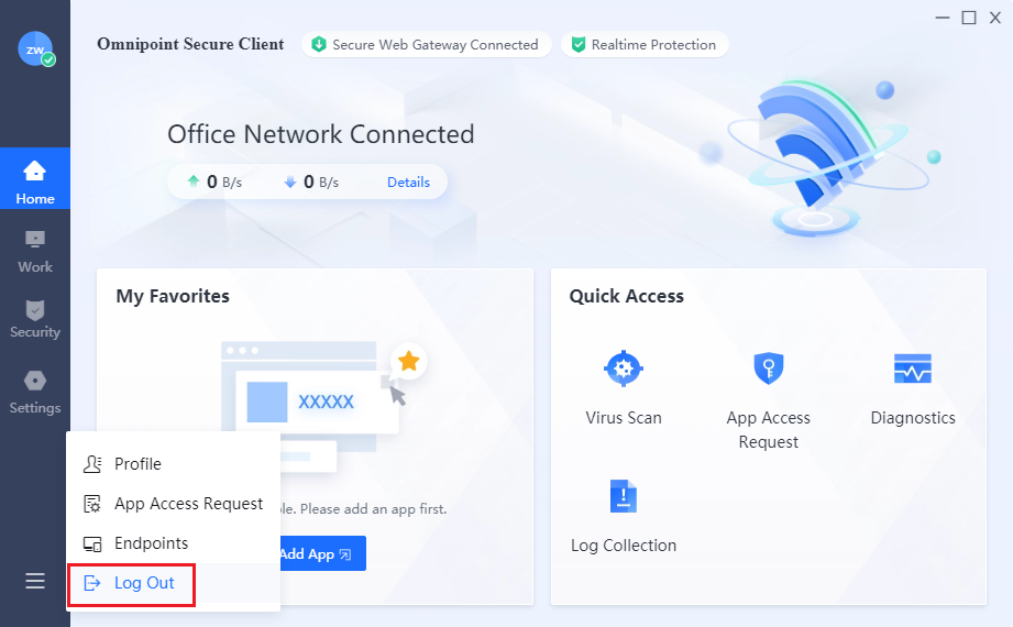 Access Client menu showing Log Out option