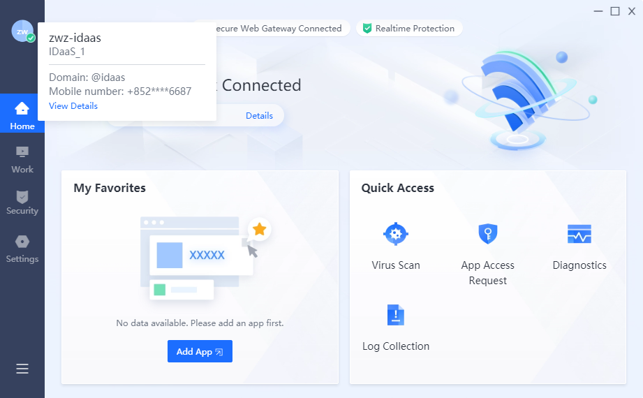 Sangfor Access client main screen connected
