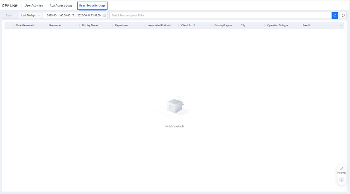 ZTG Logs User Security Logs tab