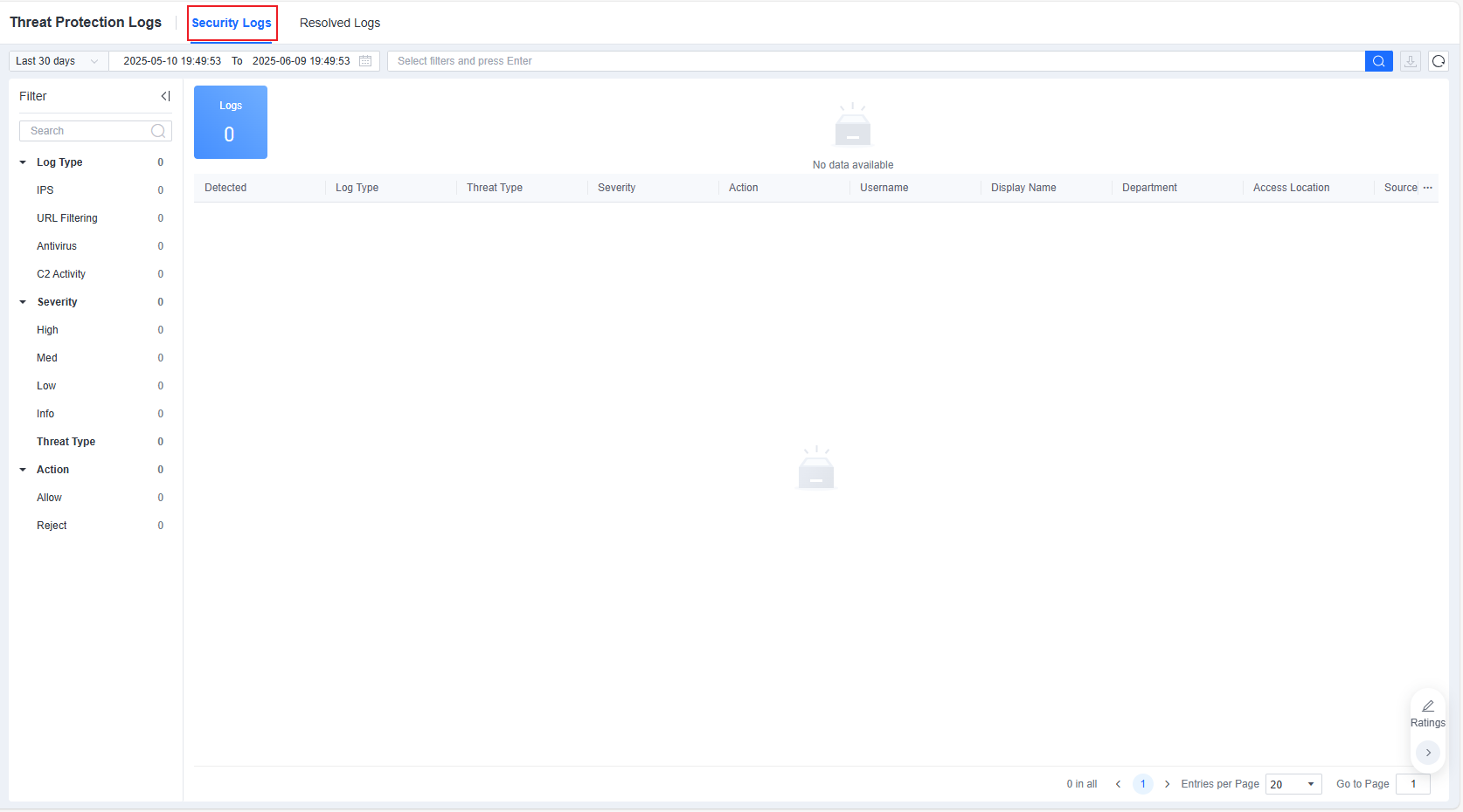 Threat Protection Logs Security Logs view
