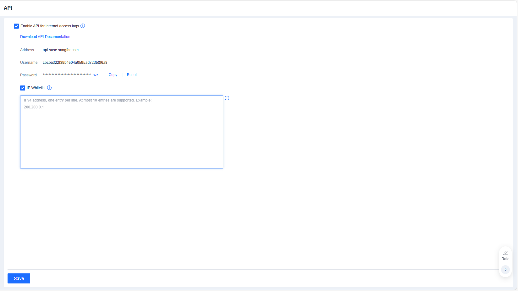 API config for internet access logs