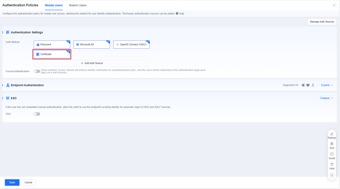 Certificate authentication policy settings