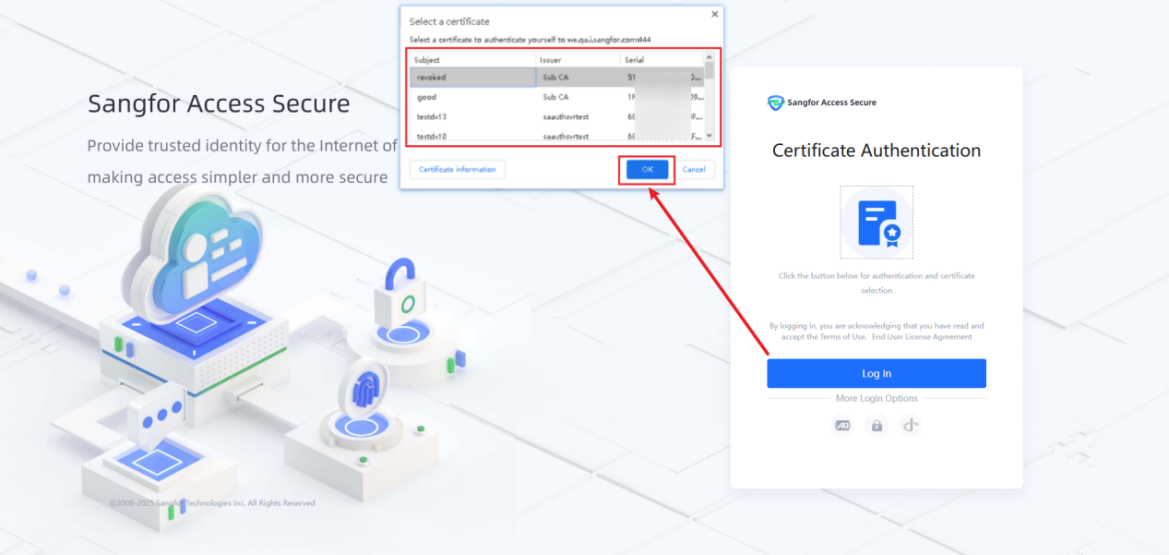 Certificate login authentication select certificate