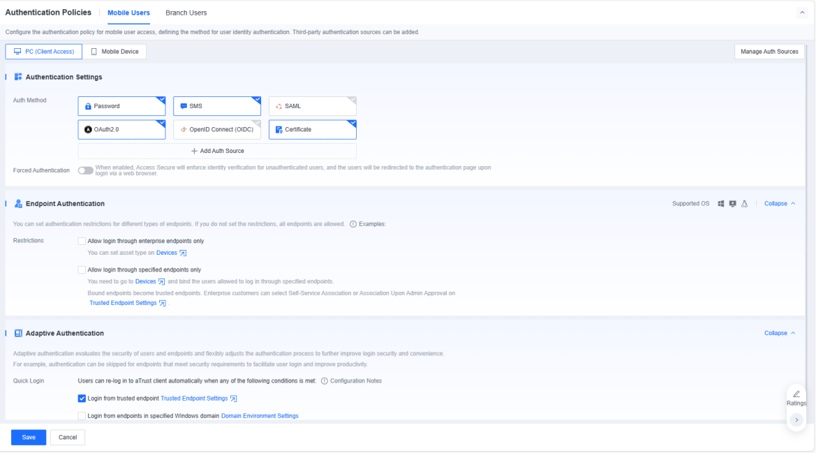 PC Client authentication policies settings