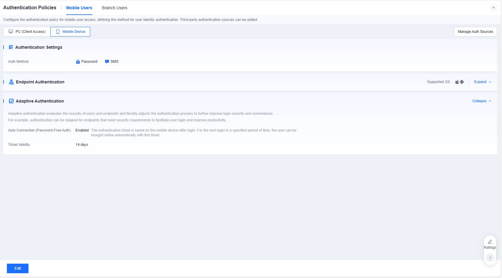 Mobile Device authentication settings