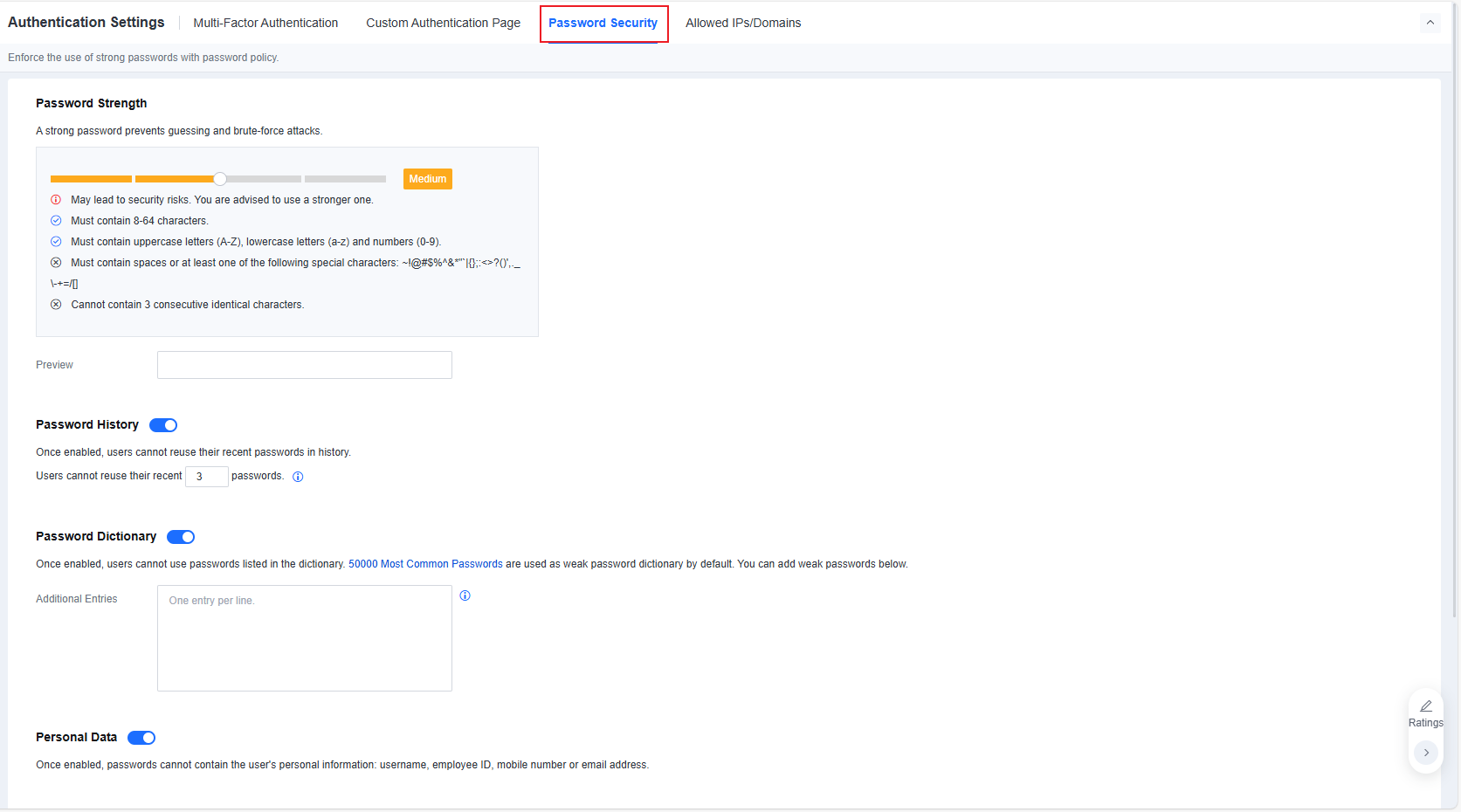 Password Policy security settings