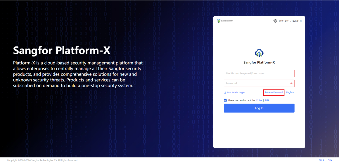 Sangfor Platform-X login screen
