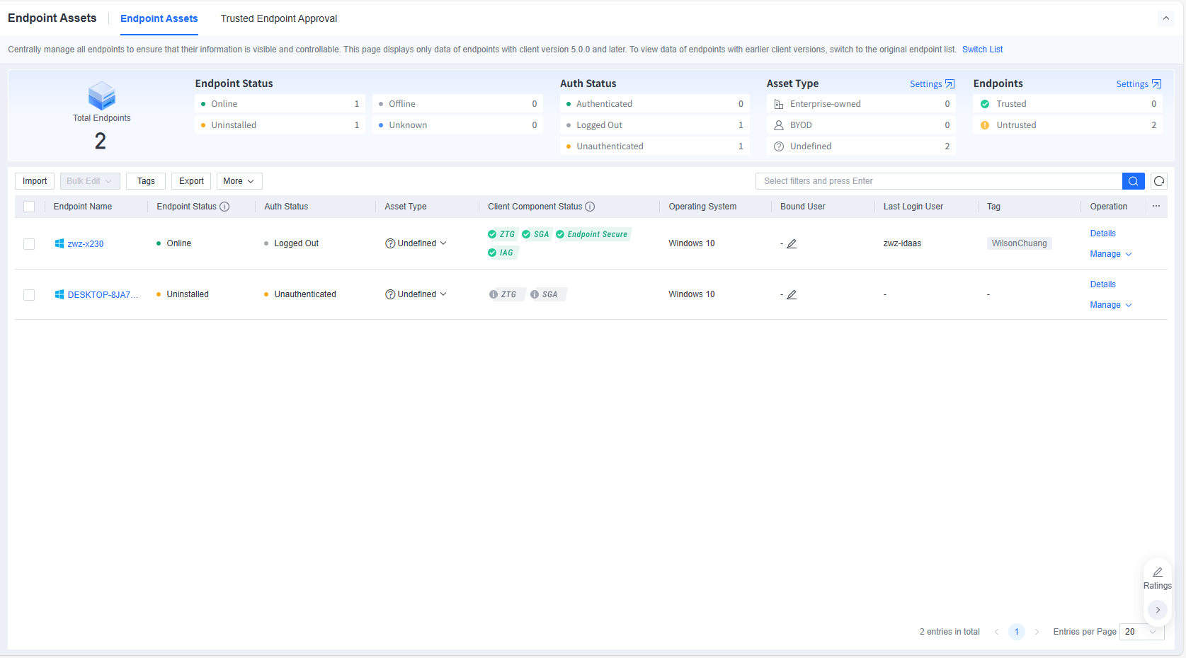 Endpoint asset list with status filters