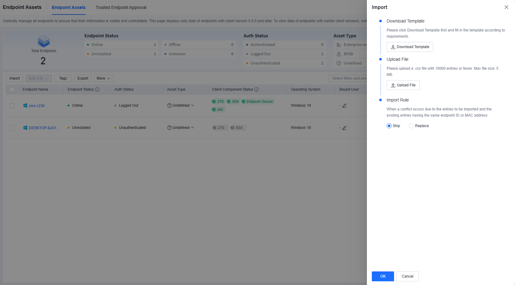 Import endpoint asset dialog