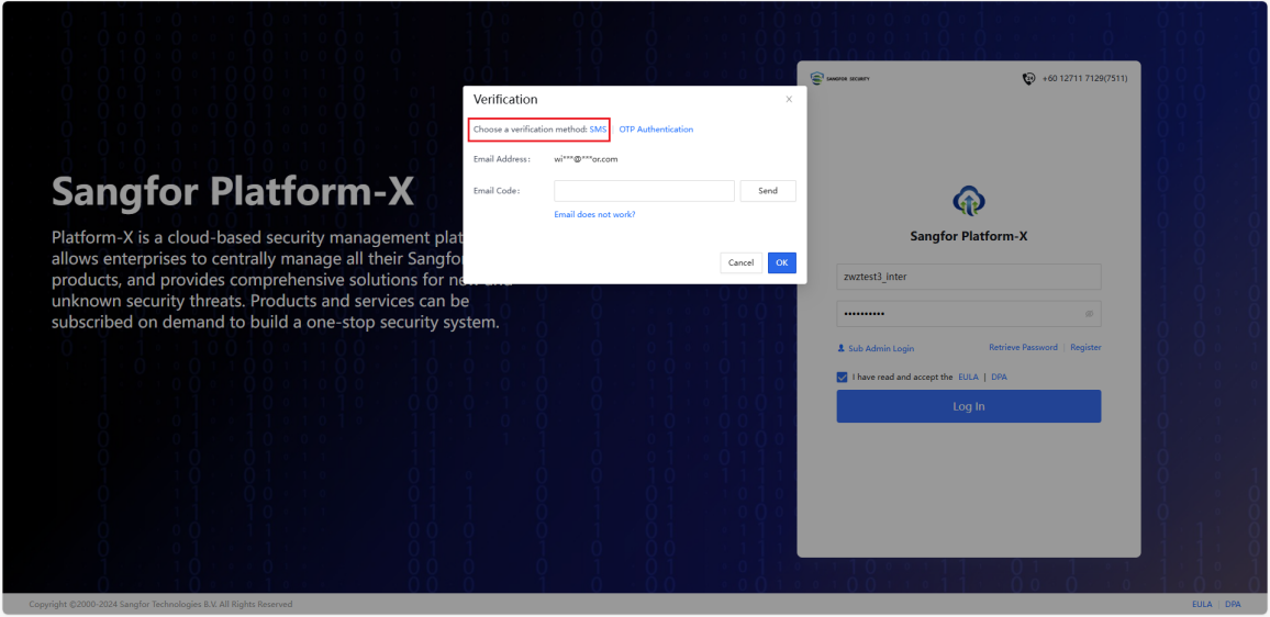 Sangfor Platform-X login with verification dialog
