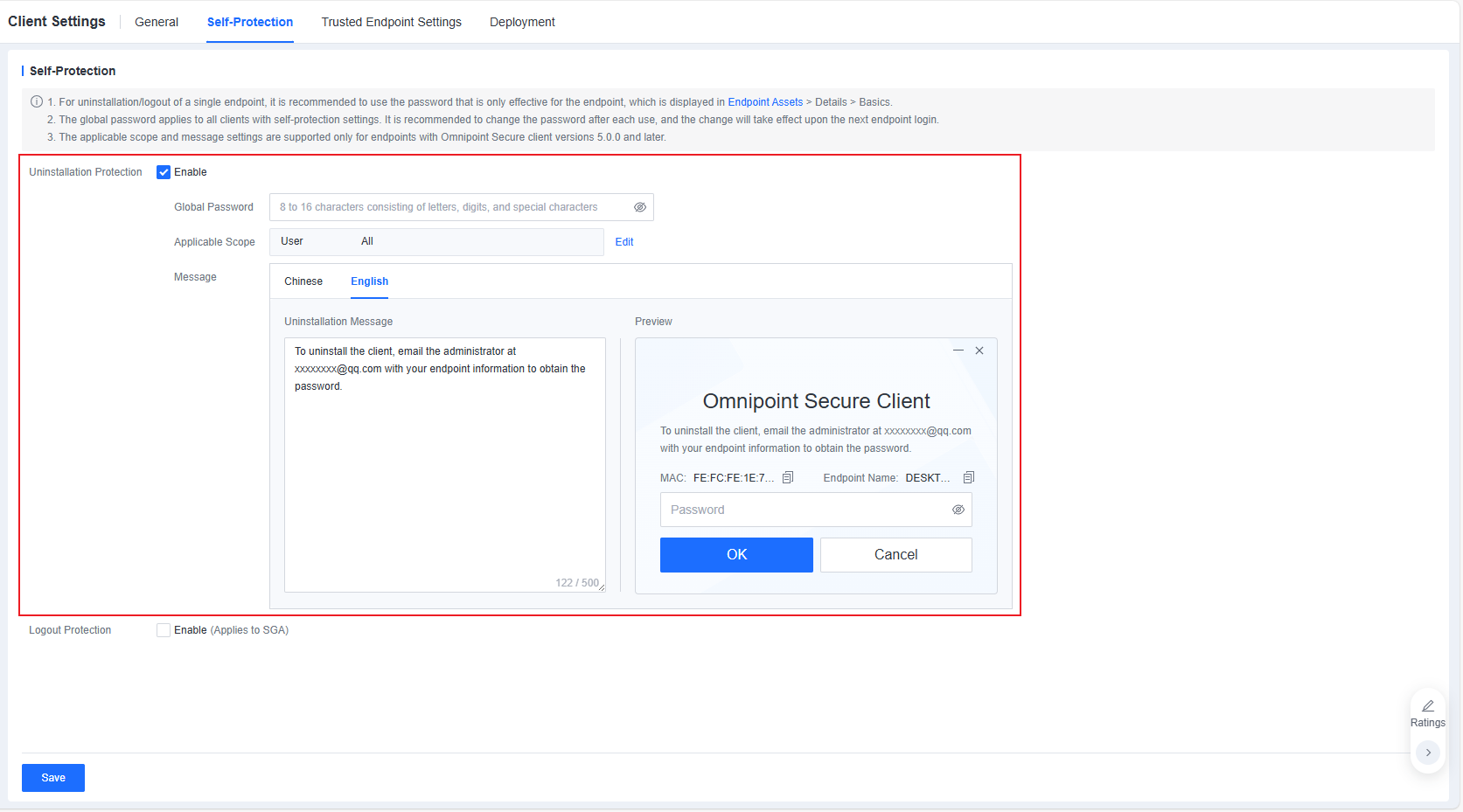 Uninstall protection password admin settings