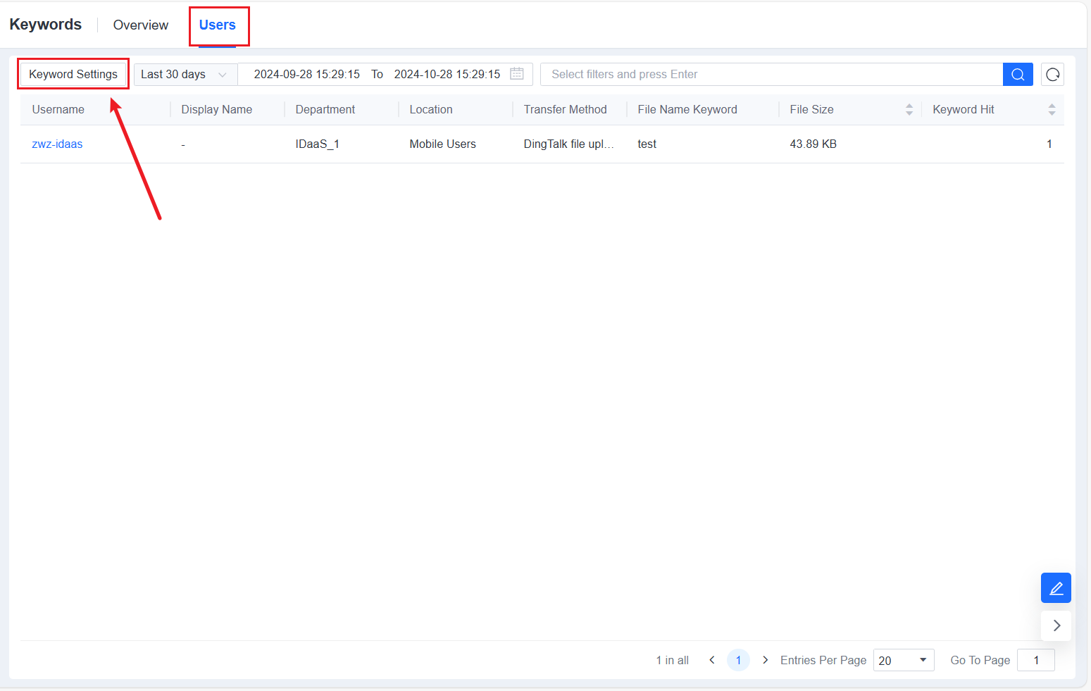 Keywords Users tab with Keyword Settings