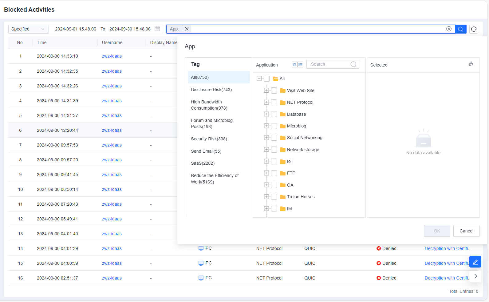 Blocked Activities filter by App