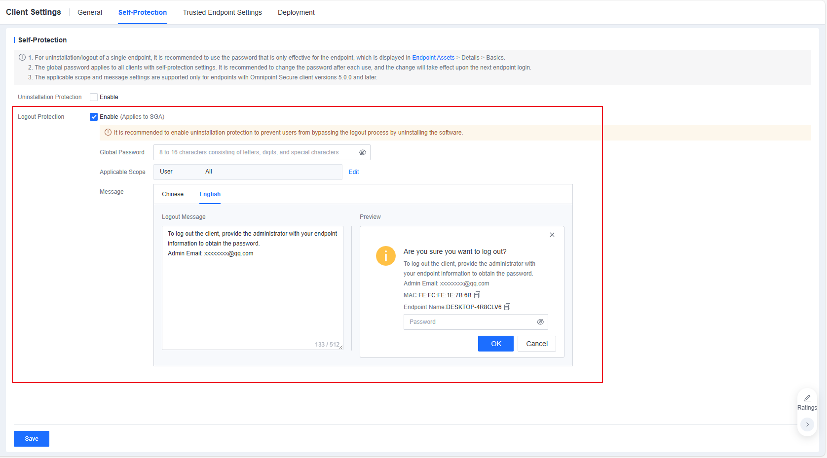 Admin Self-Protection Logout Protection settings