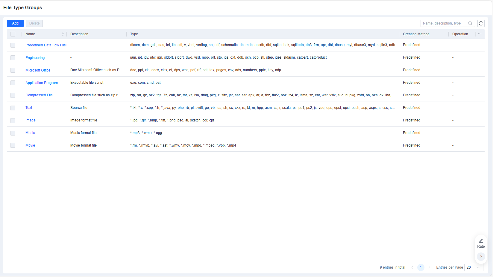 File Type Groups list