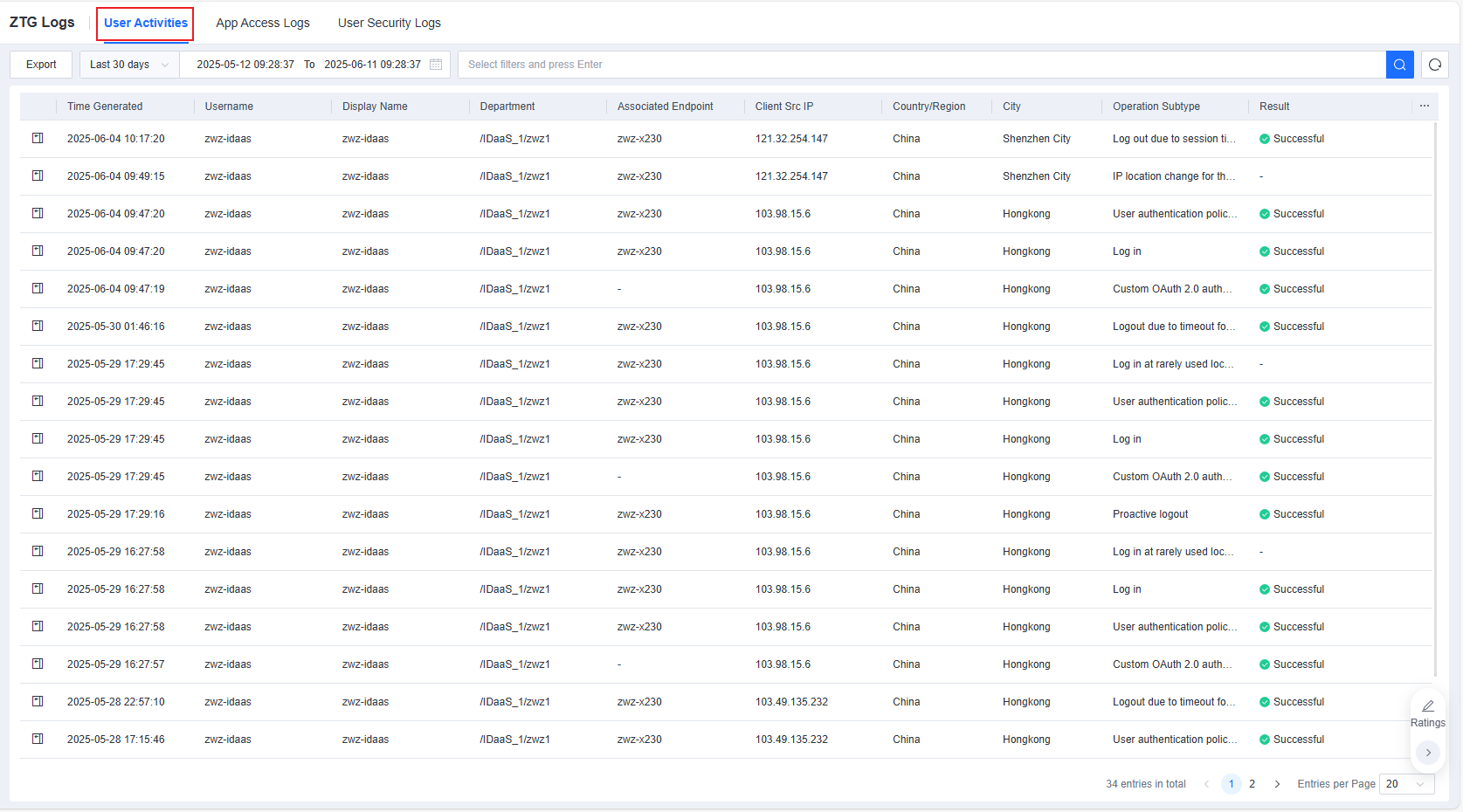 ZTG Logs User Activities tab