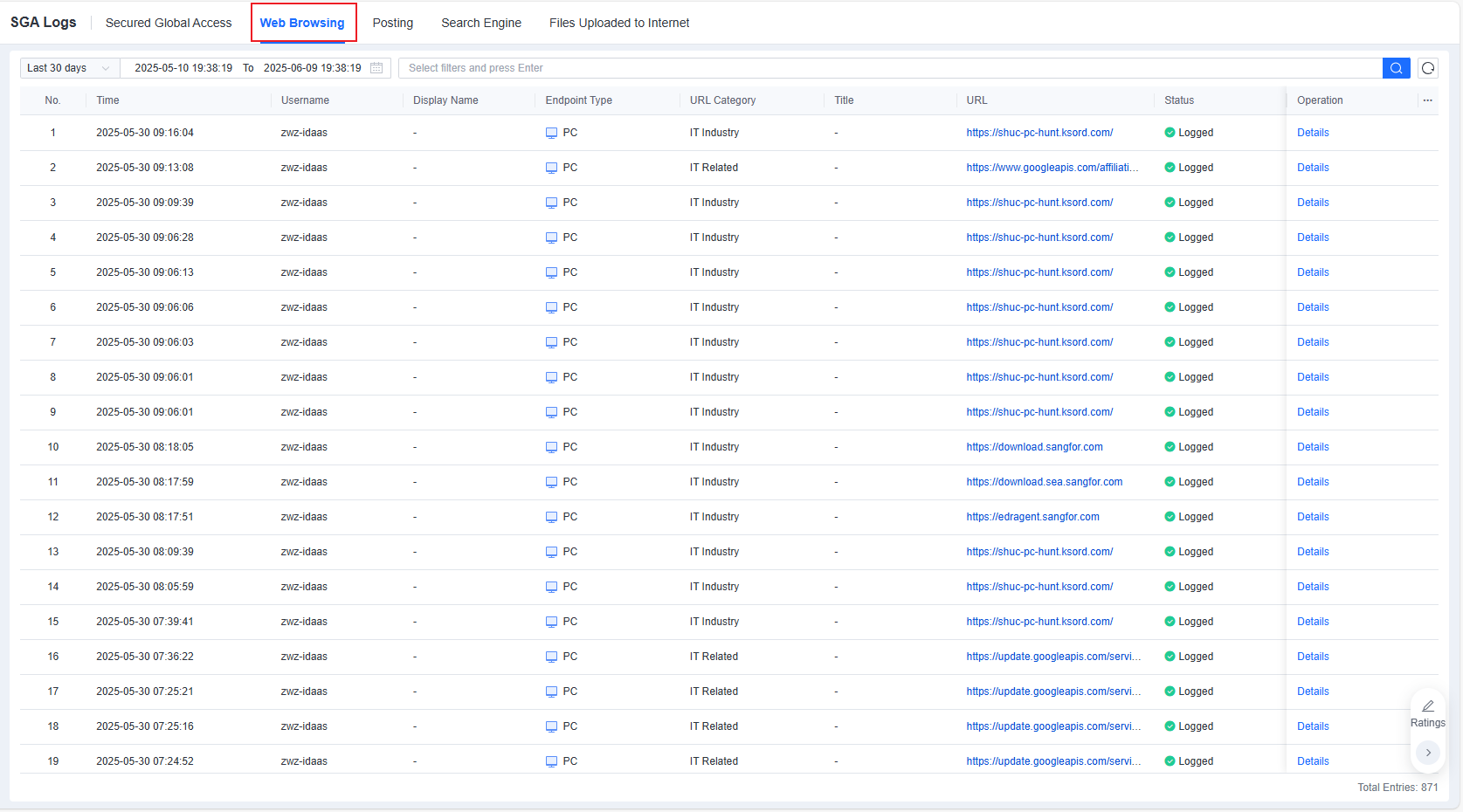 SGA Logs Web Browsing tab