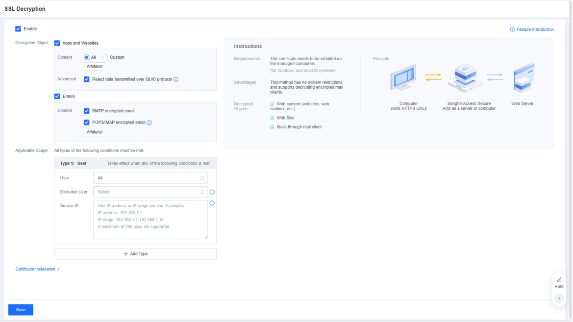SSL Decryption settings page