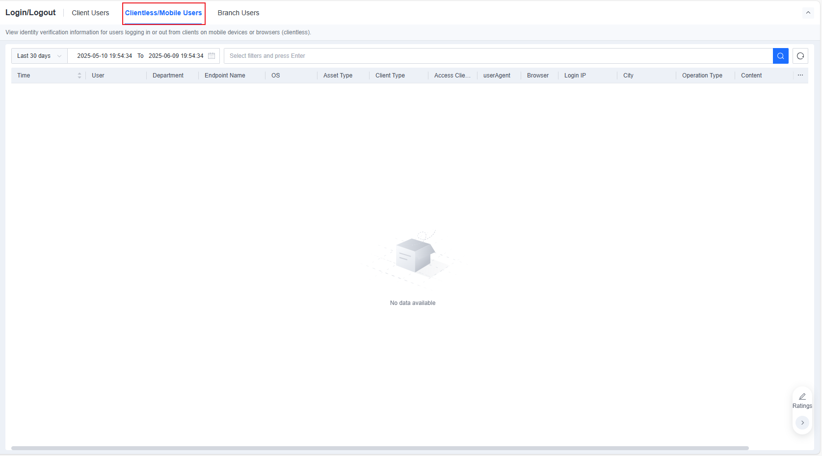 Login/Logout Clientless and Mobile Users tab