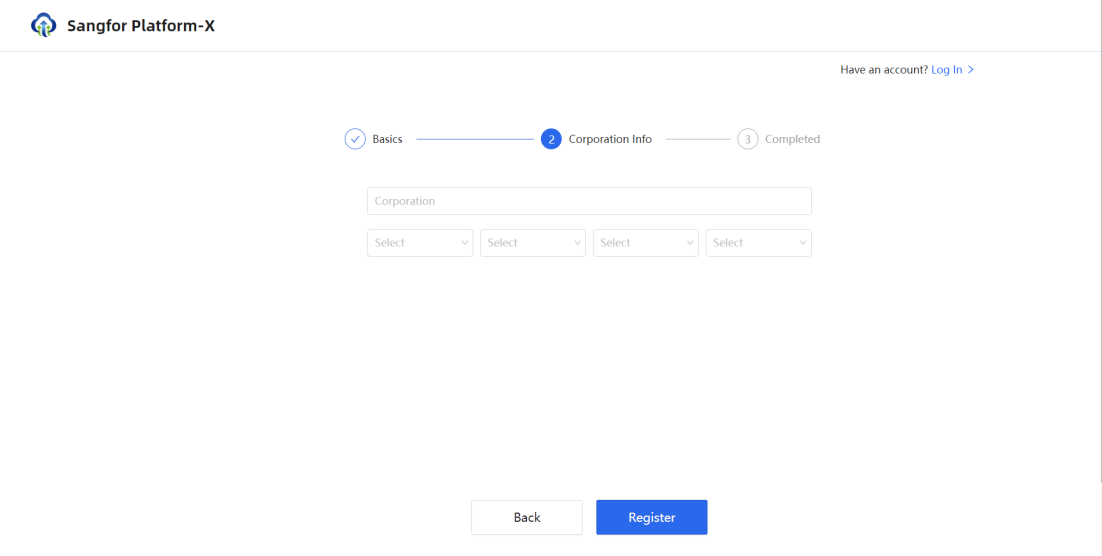 Platform-X signup Corporation Info step