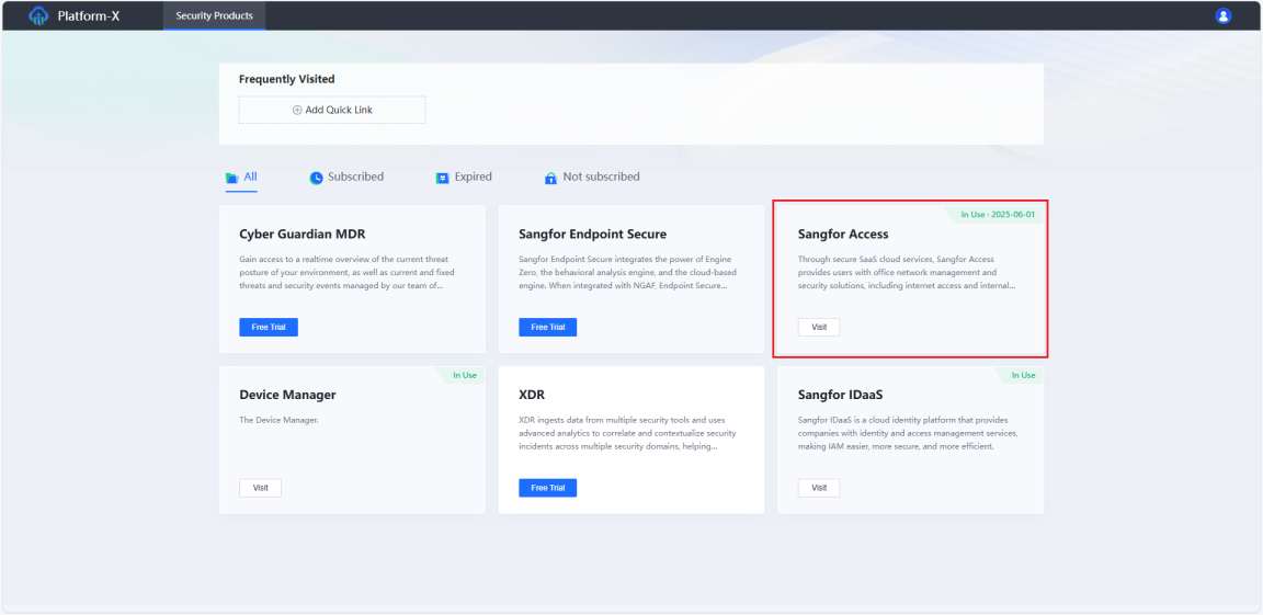 Platform-X SaaS portal showing Sangfor Access tile